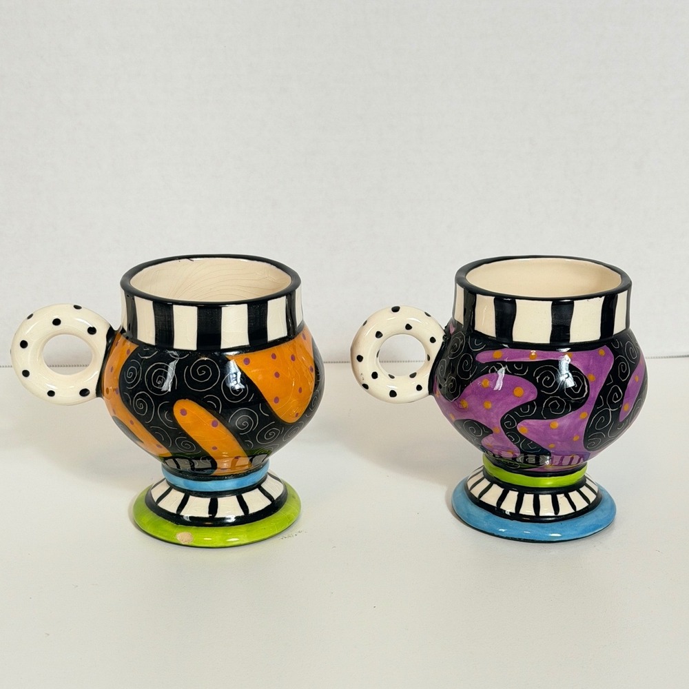 Artisan Ceramic Mugs Sz 4.5" Hand Painted Whimsical Polka Dot Stripe Set of 2